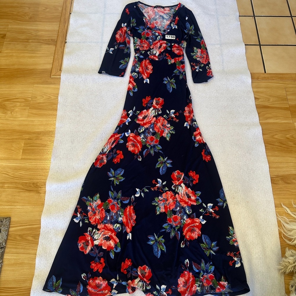 Janette Fashion Floral Maxi Dress Womens S Navy Red V Neck 3/4 Sleeve Boho